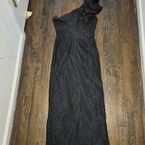 Teri Jon Black One-Shoulder Gown with Silver Accents